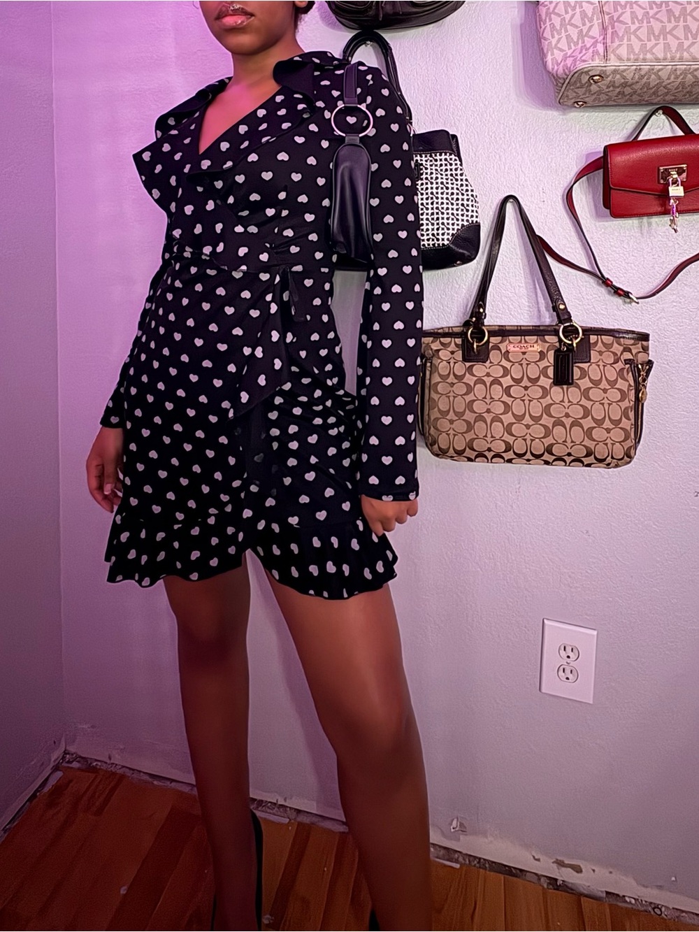 PrettyLittleThing Black Mini Dress with White Heart Print